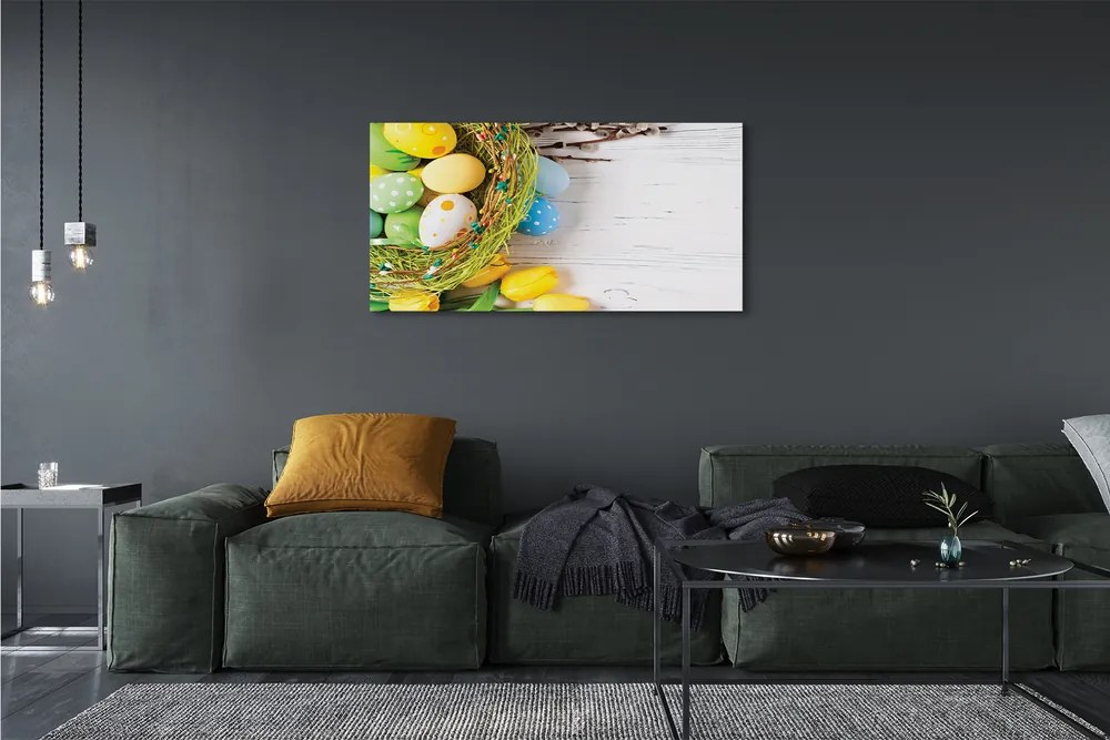 Fotoobraz na płótnie Jajka, Bazie i Tulipany