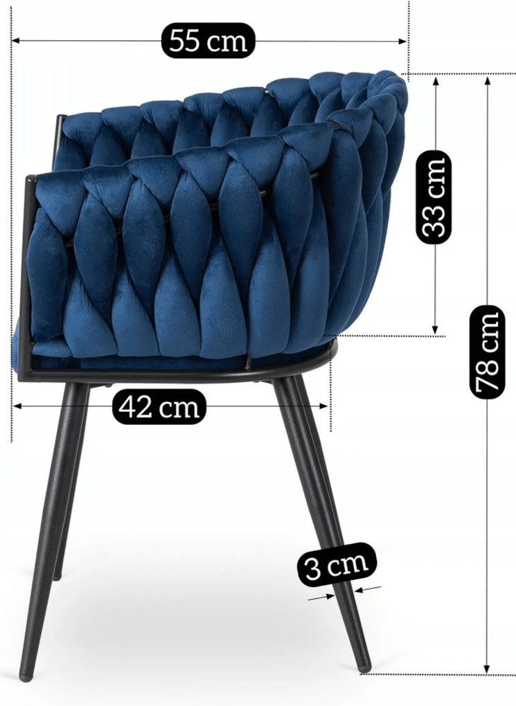 Krzesło Tapicerowane Plecione do Salonu ELENA Granatowe Welurowe Nowoczesne Loft