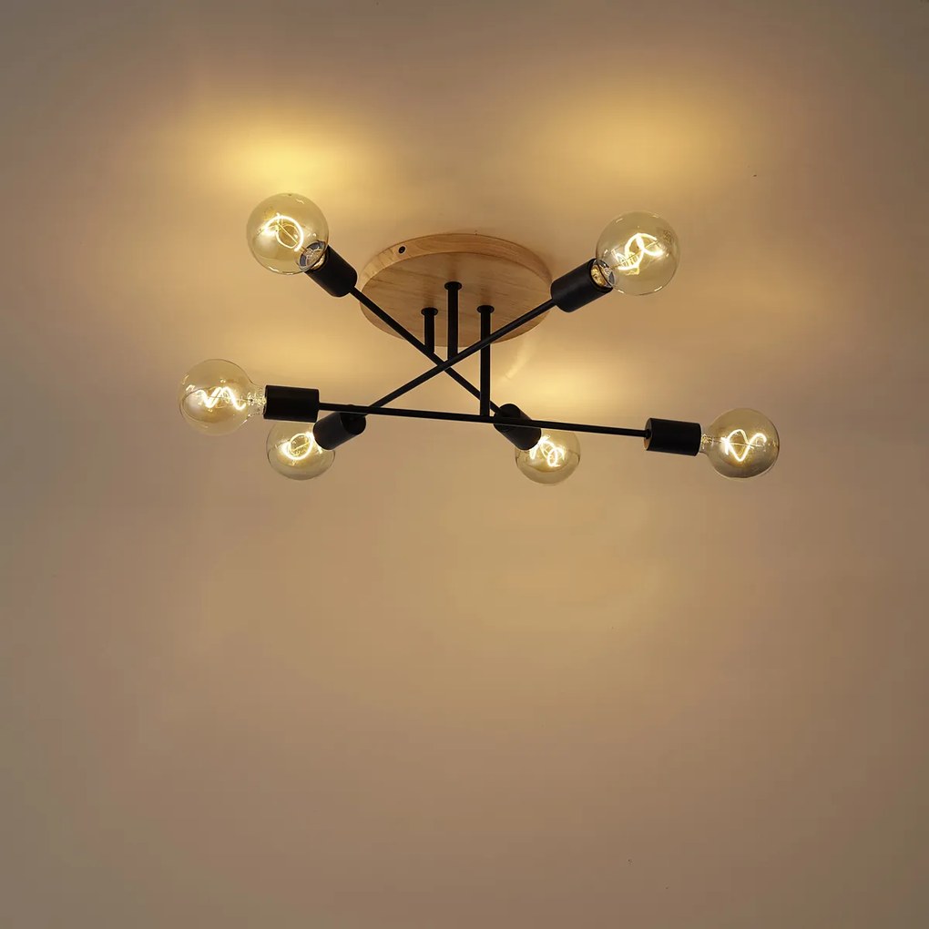 Lampa sufitowa Art Deco czarna z drewnem 6-źródłowa - Sydney