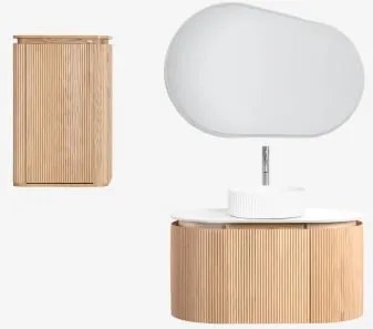 Zestaw Wiszących Mebli Łazienkowych 90x50 Cm Z Drewna Carsone Naturalna & Naturalna & Redondo Cerámica Blanco Rayas Ø36 Cm Sinqua & Owalna Lampa Led I