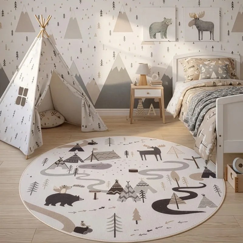 Dywan dziecięcy Coco Tipi Leśna Przygoda kremowy koło 120 cm x 120 cm
