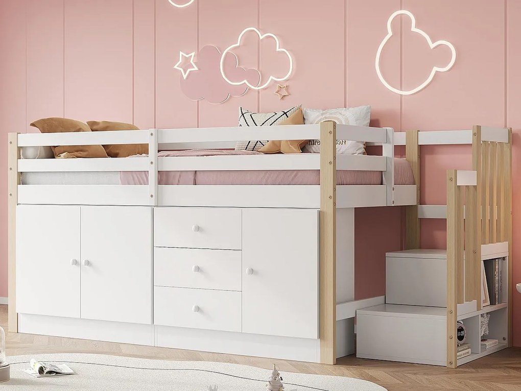 Łóżko mezzanine dla dzieci 90x200 cm - z szafkami i szufladami - Białe + Naturalne