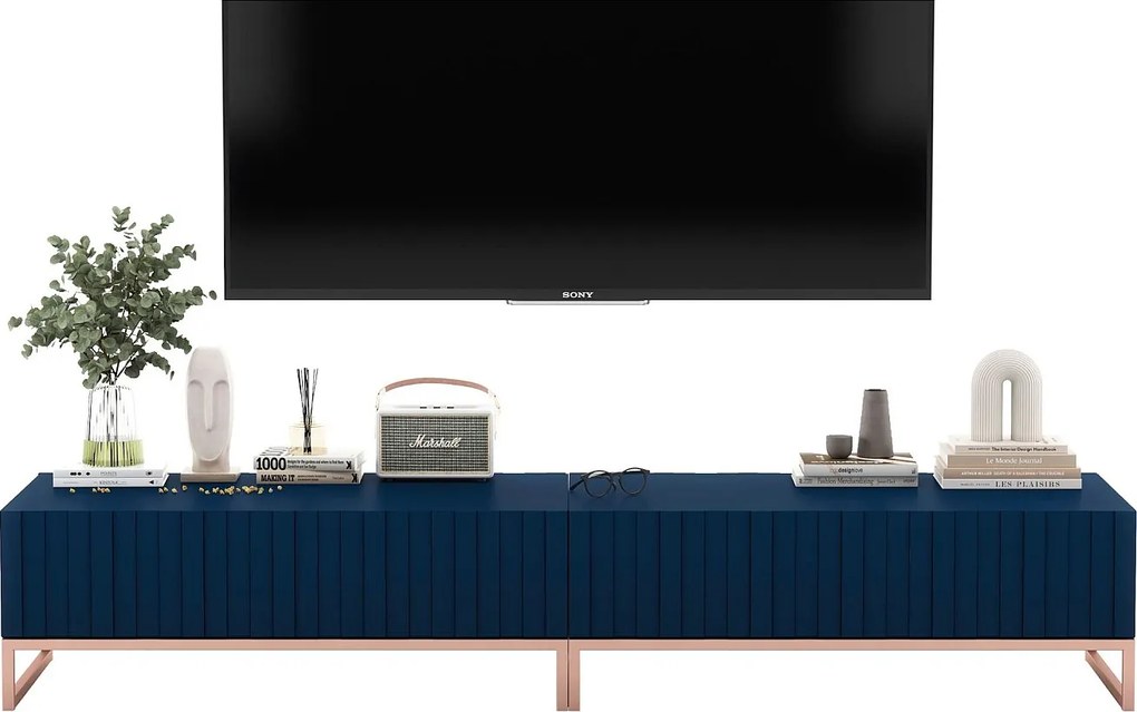 Szafka RTV z 2 drzwiami - korpus Granatowy mat, fronty ryflowane Granatowy mat - 220 cm, stelaż metalowy