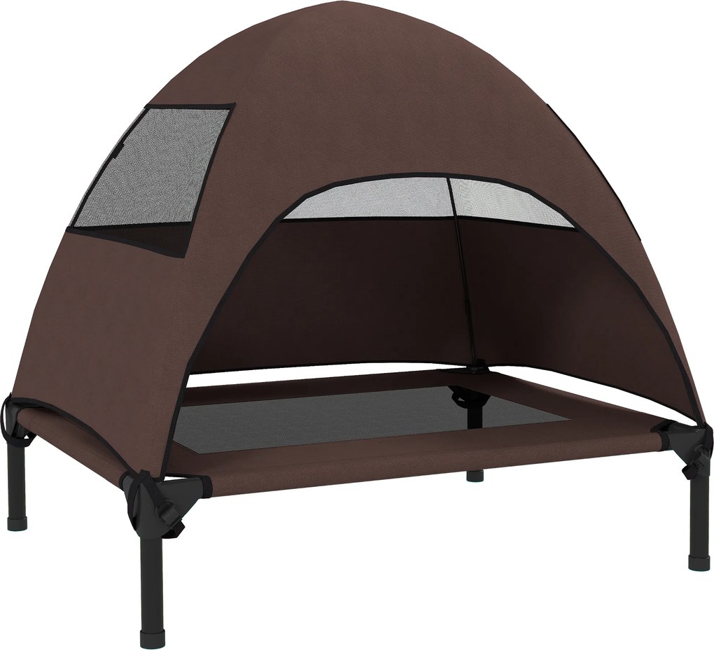 PawHut Leżanka dla Psów na Zewnątrz z Daszkiem, Podwyższone Łóżko dla Psów Średniej Wielkości, 76 x 61 x 71cm, Kawa