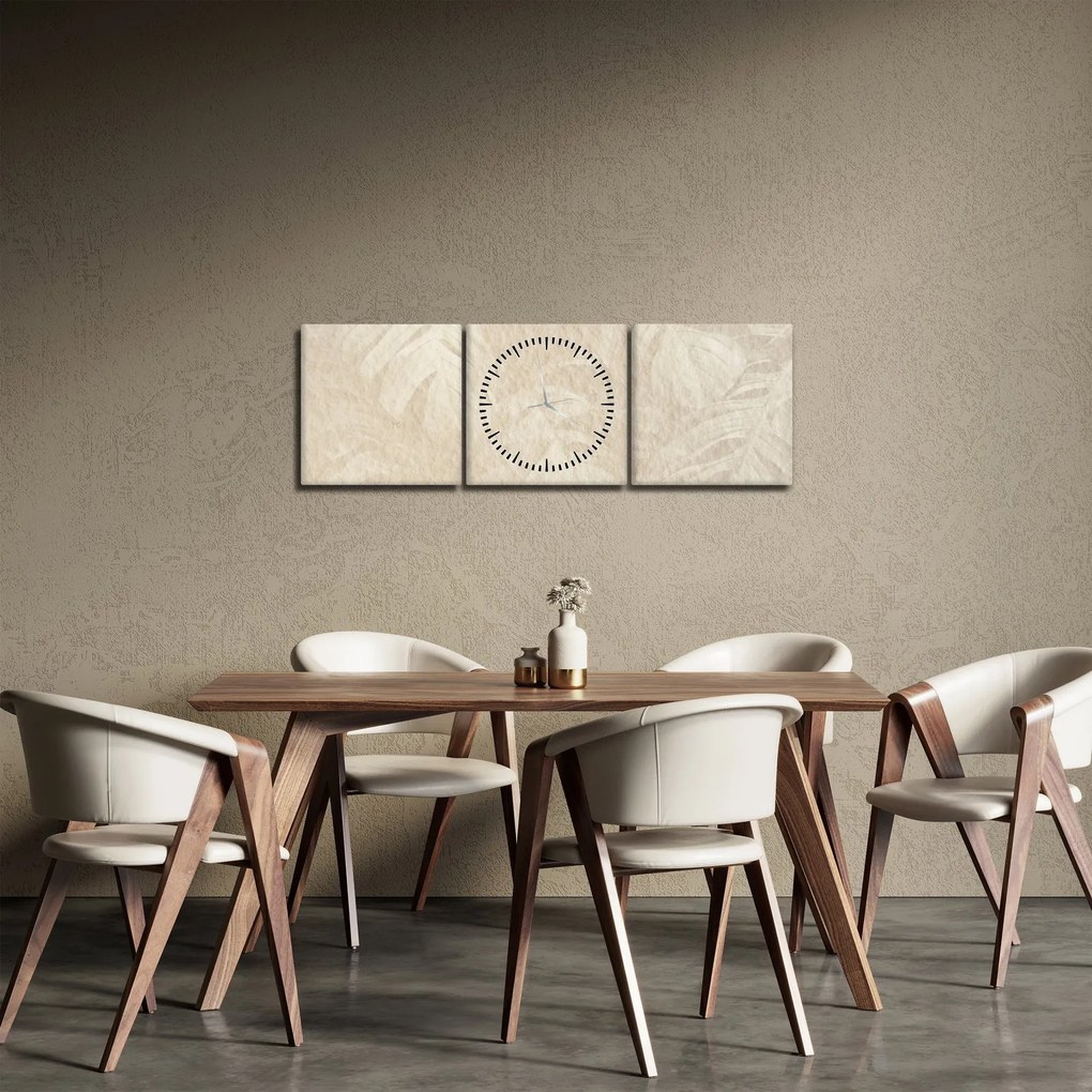 Obraz - Liście w teksturze (z zegarem) (90x30 cm)
