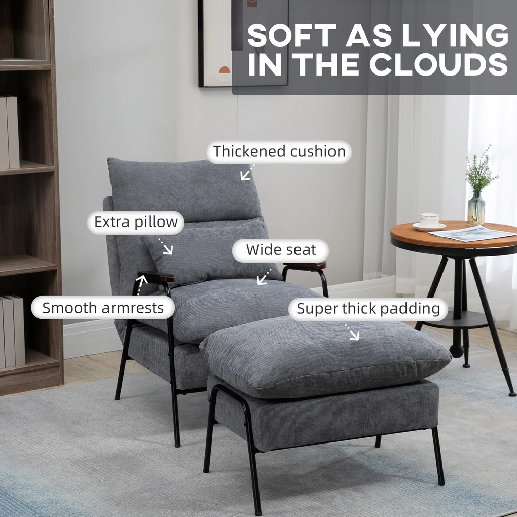 HOMCOM Fotel z Ottomaną Tapicerowany Fotel Relaksacyjny, w zestawie Poduszka, 68 cm x 91,5 cm x 88 cm, Jasnoszary