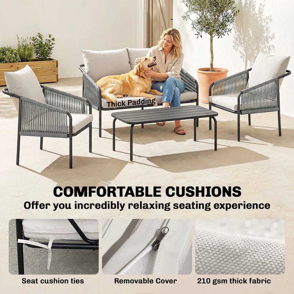 Outsunny Zestaw mebli ogrodowych 4-częściowy Polirattanowa sofa z dwuosobową sofą, 2 fotelami i stolikiem kawowym z poduszkami | Aosom PL