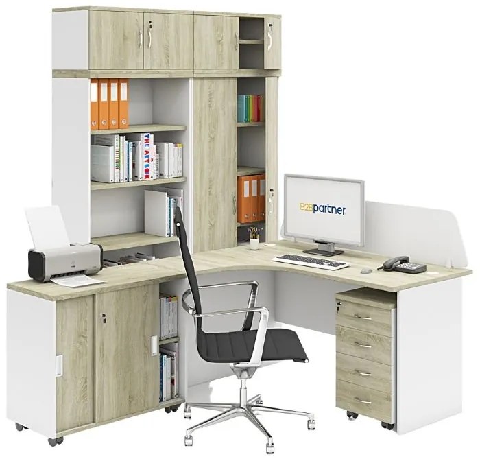 Biurko ergonomiczne MIRELLI, lewe, biały/dąb sonoma
