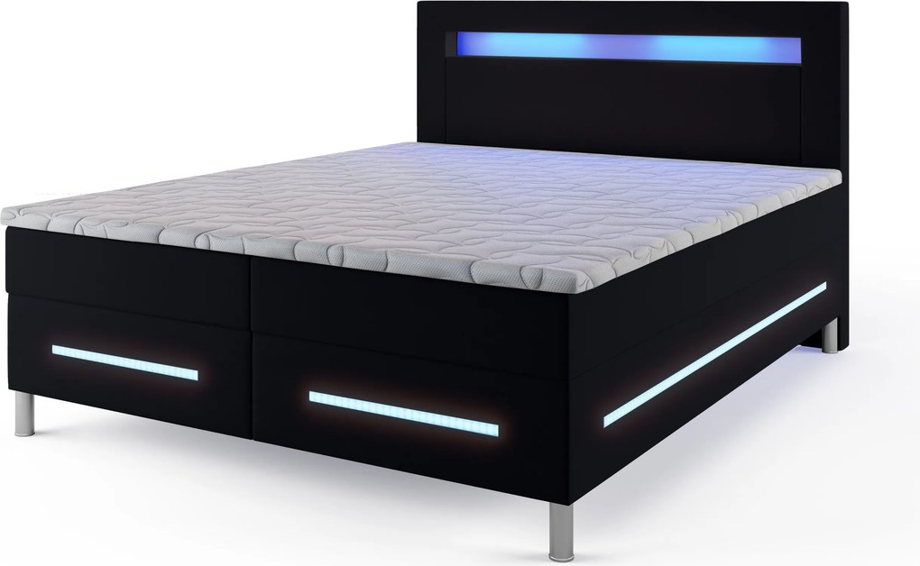 Masseno Łóżko kontynentalne BENZ 140x200 cm LED z pojemnikiem na pościel - Czarny, MADRYT 9100