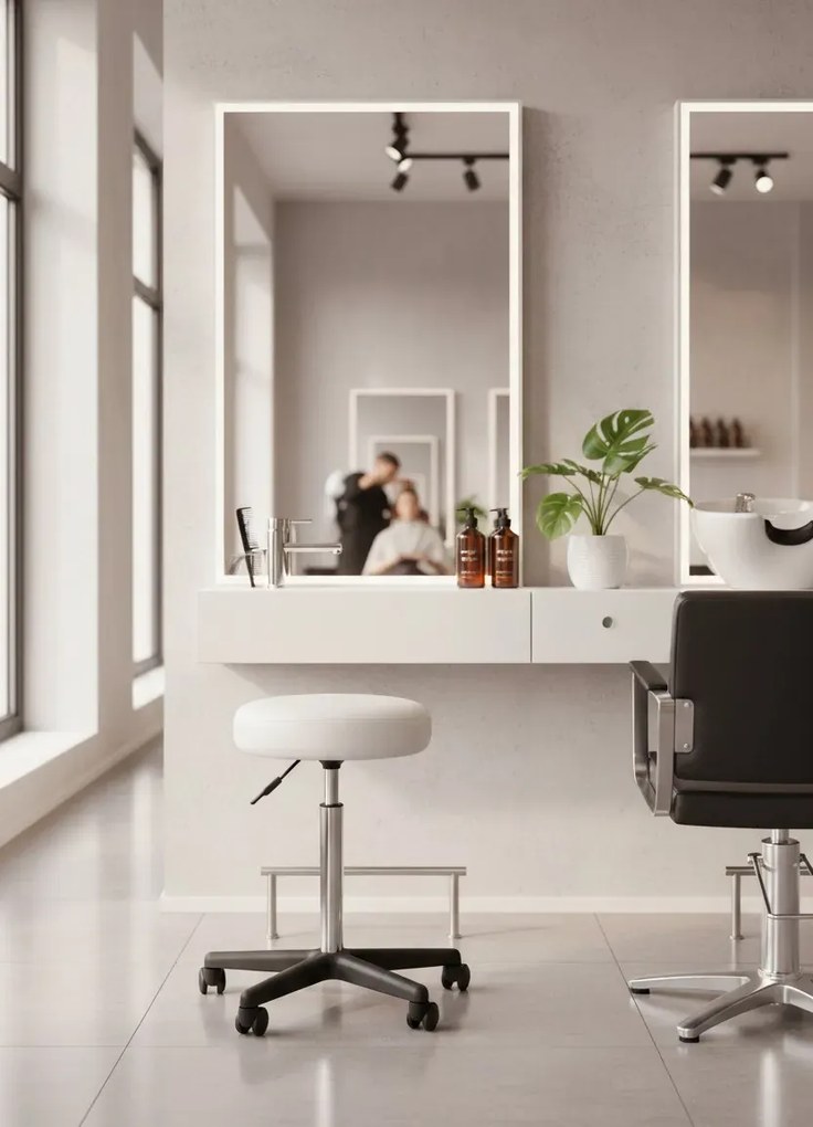 Biały okrągły regulowany taboret obrotowy na kółkach B4-M70