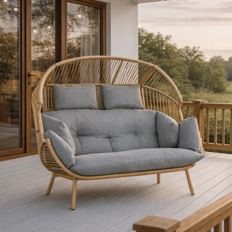 Fotel ogrodowy 2-osobowy kokon Belira, technorattan, boho, z szarymi poduszkami