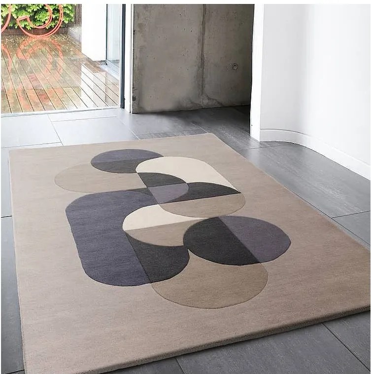 Dywan geometryczny, ręcznie robiony, 100% wełna - 160x230cm - szary, niebieski, czarny, beżowy, kremowy - Matrix Statement