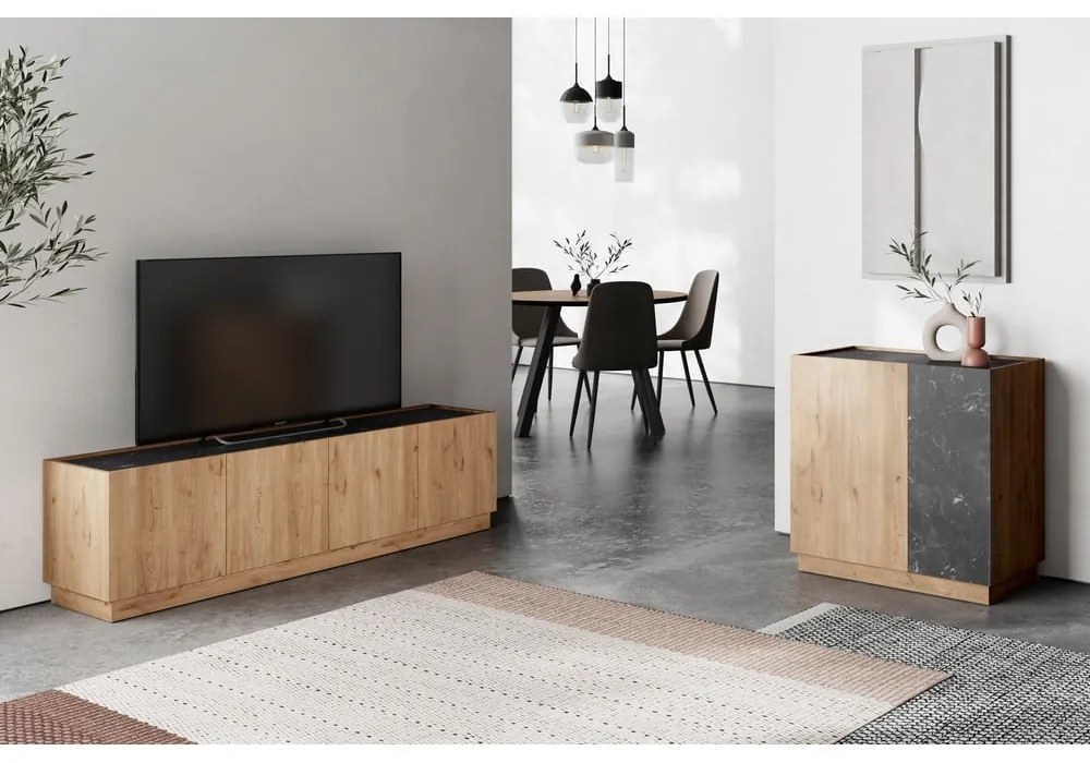 Czarno-naturalna szafka pod TV w dekorze dębu 160x48 cm Dione – Marckeric