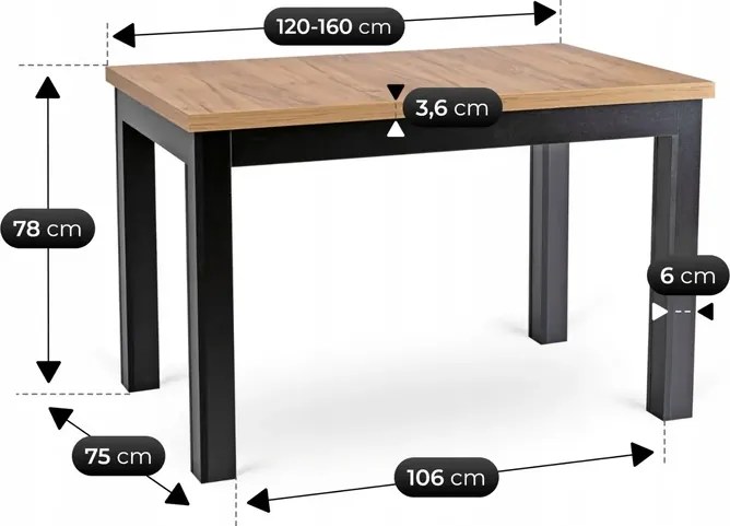 Stół Prostokątny Rozkładany SKUBI 120-160 cm Dąb Craft/Czarny Loft