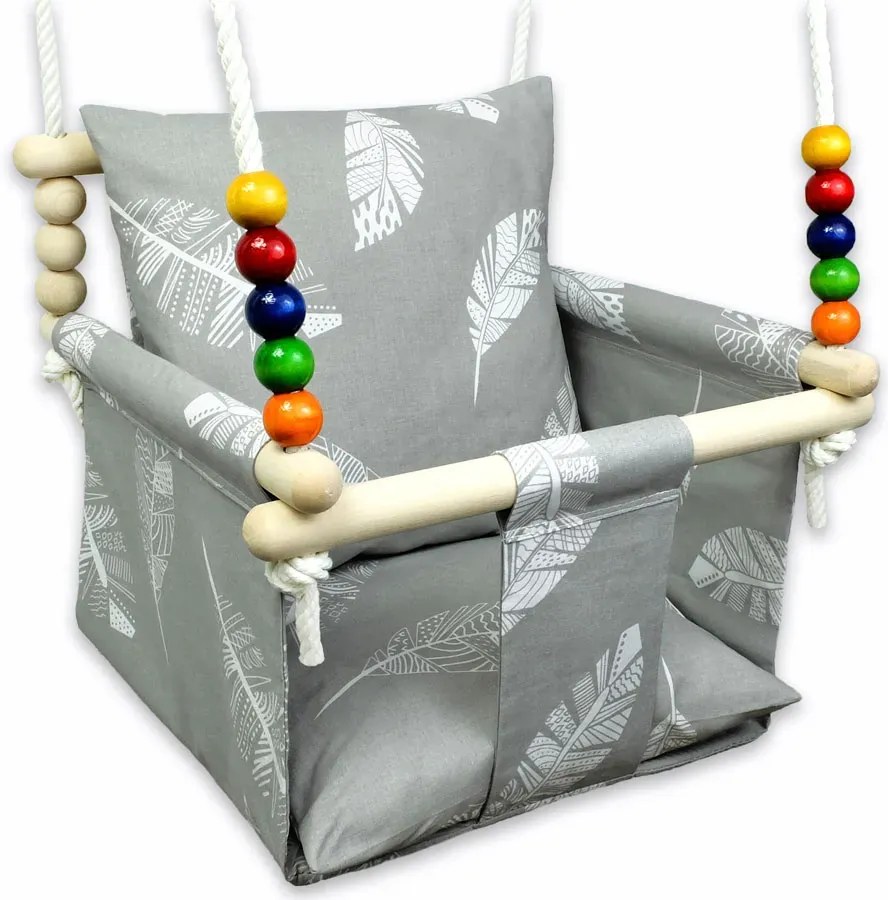 Szara huśtawka kubełkowa dla dzieci w piórka C6-E39