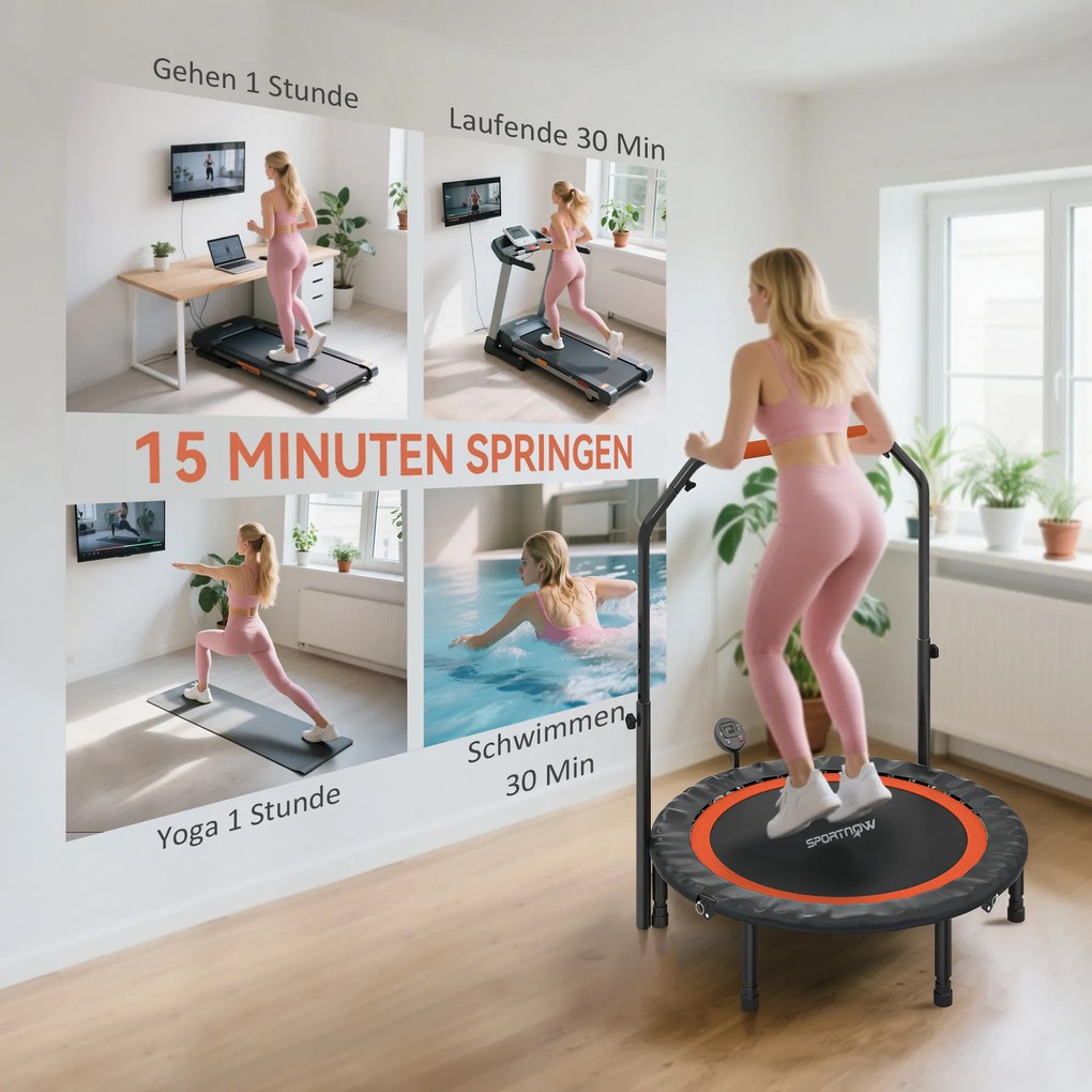 SPORTNOW Minitrampolin, z regulowanym uchwytem, monitor LCD, stal, czarno-czerwony, Ø102 x 99-123 cm