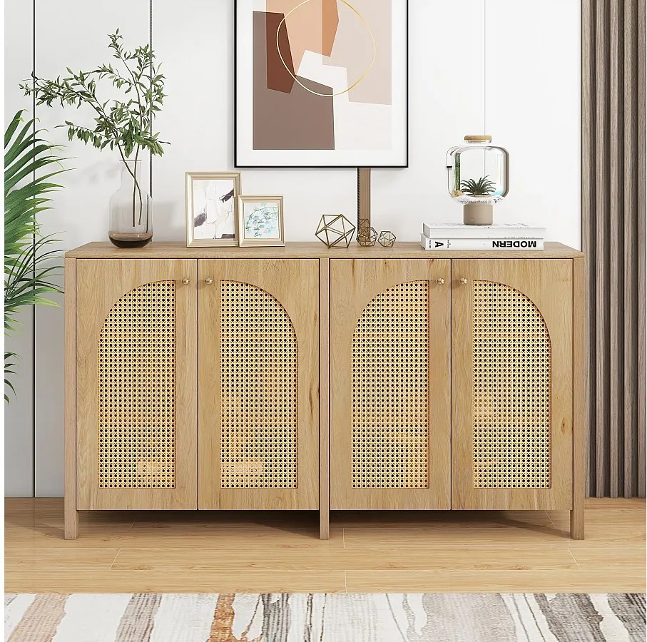 Drewniany kredens z 4 drzwiami z rattanu i regulowanymi półkami, metalowe uchwyty, odpowiedni do salonu i jadalni