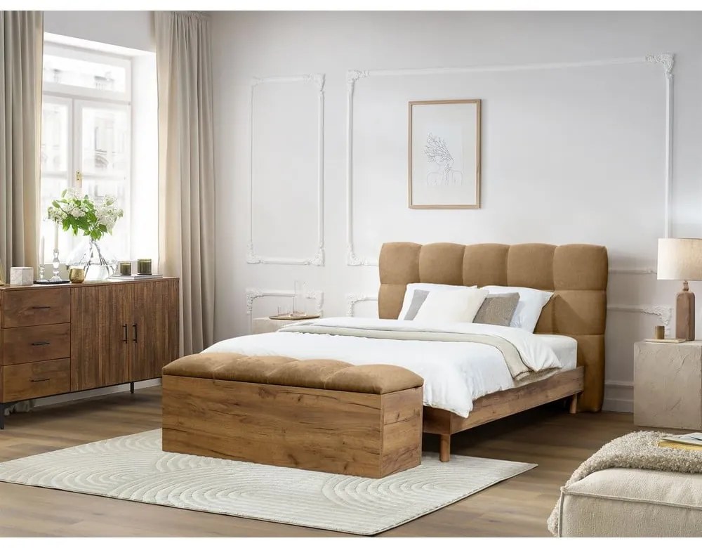 Beżowe tapicerowane łóżko dwuosobowe ze stelażem 140x190 cm Kumo – Bobochic Paris