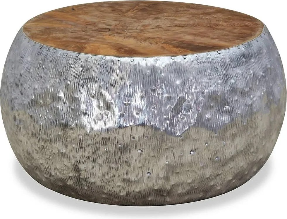 Kwadratowy stolik kawowy 60x60x30 cm z aluminium w kolorze srebrnym i olejowanego drewna tekowego, nowoczesny design, bez schowka, gotowy do użytku