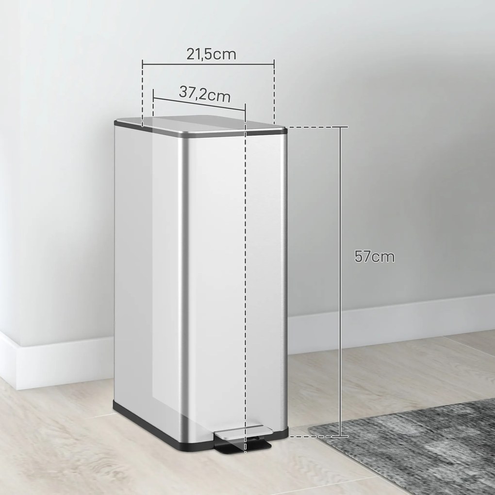 HOMCOM Kosz na śmieci 20L, ciche zamykanie, przegródka na odświeżacz, odporny na odciski, stal nierdzewna, srebrny