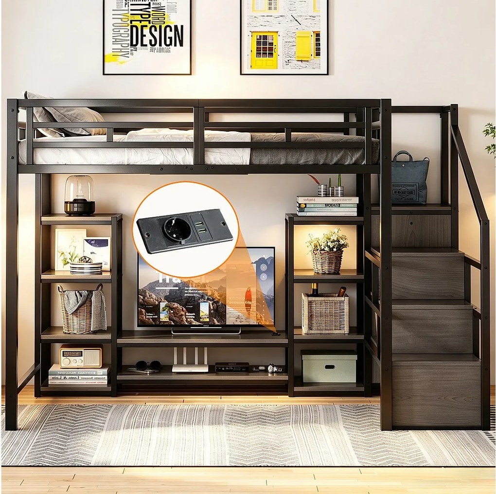 Łóżko piętrowe dla dzieci - 140 x 200 cm - ze szafką RTV + gniazdkiem elektrycznym + drabinką bezpieczeństwa + półką - metalowe - czarne