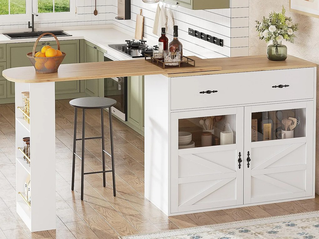 Obrotowy mebel barowy 360° i chowany - z 1 szufladą i 2 drzwiami - otwarte półki - biały + naturalny