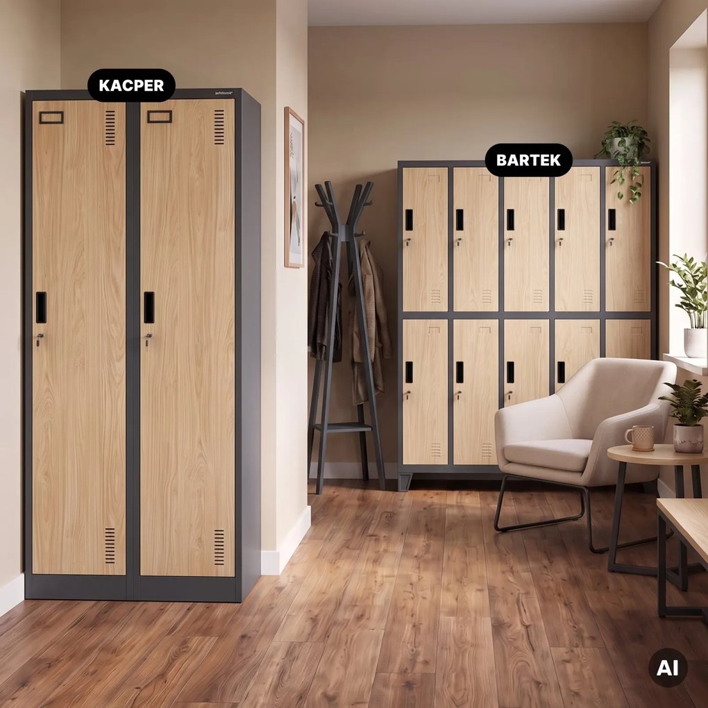 Szafa socjalna czterokomorowa Eco Design Kacper 80x50x180 cm, antracyt/dąb sonoma