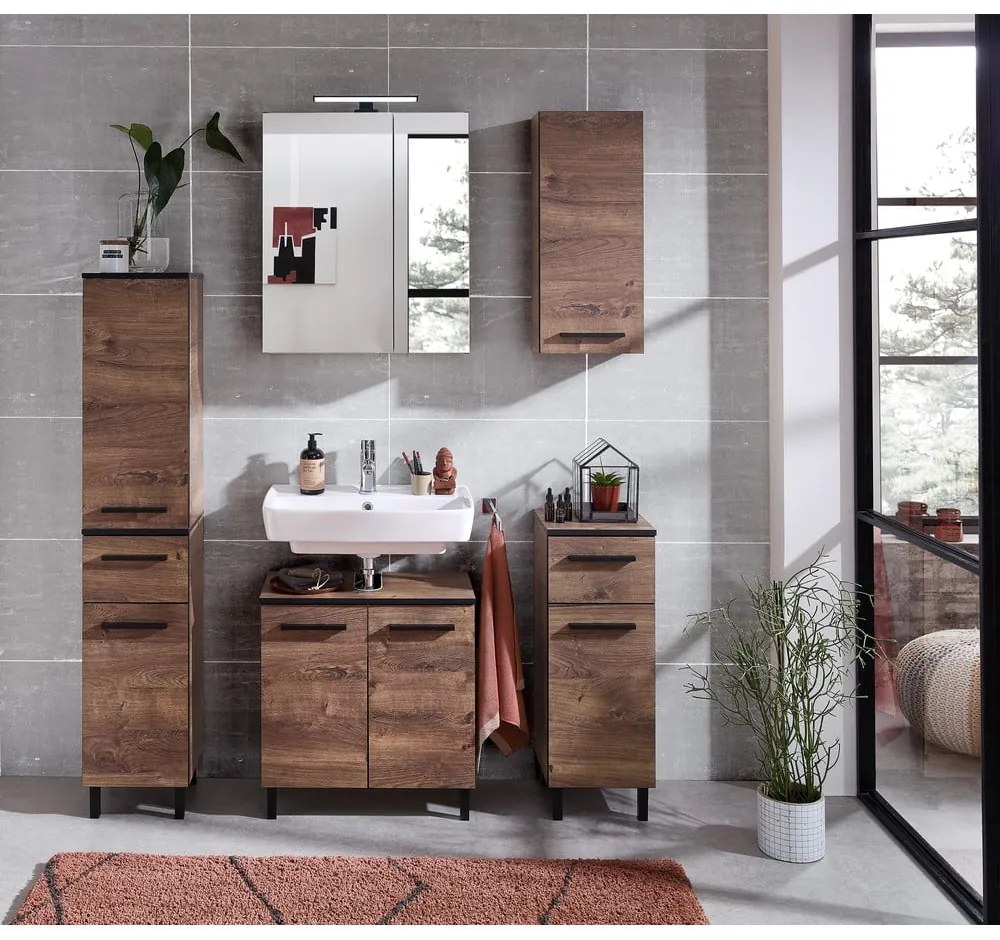 Brązowa niska szafka łazienkowa w dekorze dębu 30x72 cm Set 374 – Pelipal