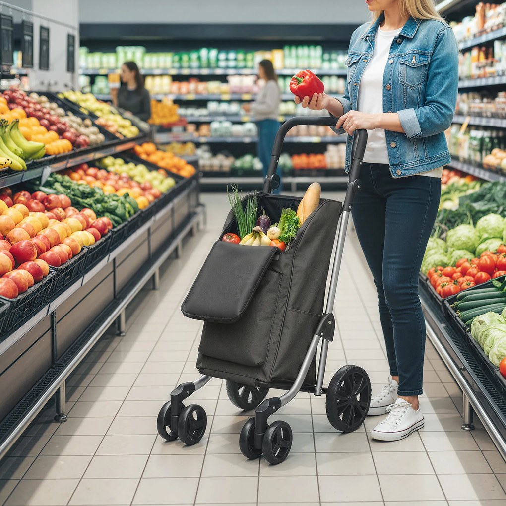 HOMCOM Wózek na zakupy, torba 46 l, składany wózek z kieszenią chłodzącą, regulowany uchwyt, rama aluminiowa, ciemnoszary | Aosom PL