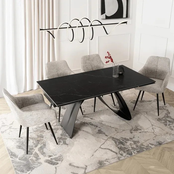 Stół Rozkładany Prostokątny DEVON 160-220 cm Ceramiczny Czarny Marmur/Czarny Glamour