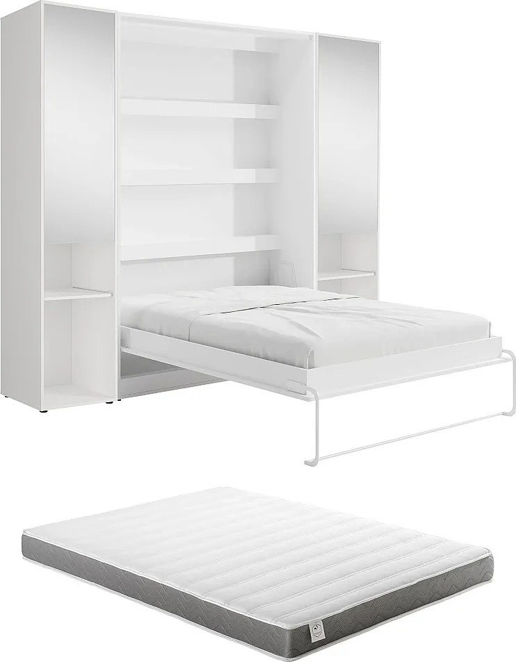 Łóżko chowane w szafie pionowe 140 x 200 cm - 2 kolumny do przechowywania - Z lustrami i oświetleniem LED - Białe + Materac - RAPILI