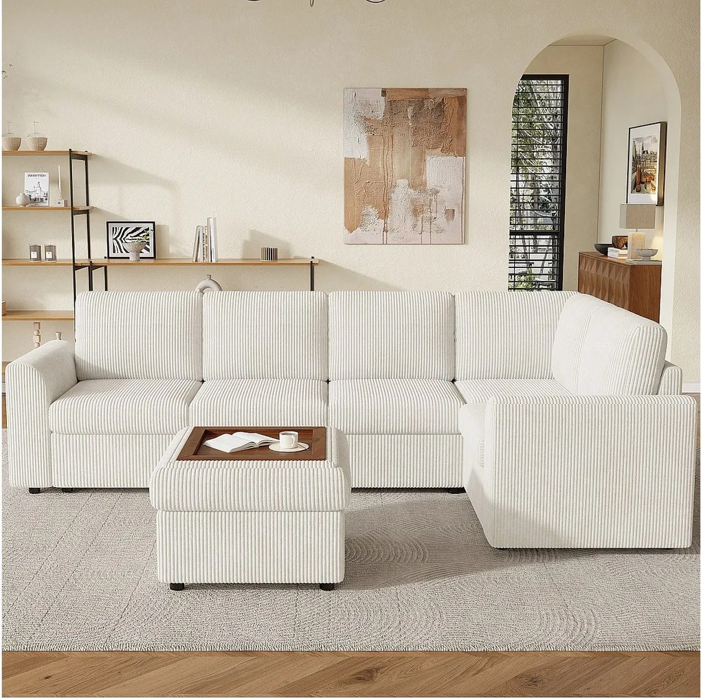 Zestaw narożny - 160 x 40 x 82 cm - z podłokietnikami + 1 mobilny stołek ze schowkiem - szenil - beżowy