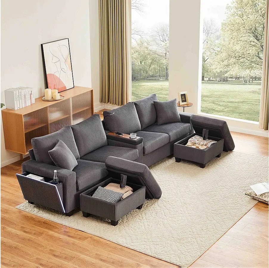 Sofa w kształcie litery U - 334 x 128,5 x 81 cm - z 2 stołkami + lampka do czytania + schowek + USB + diody LED - aksamitna - szara