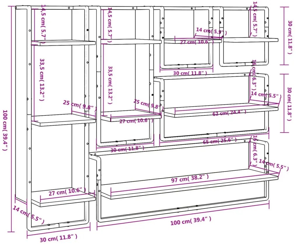 Industrialny zestaw 6 półek ściennych przydymiony dąb H4-T70