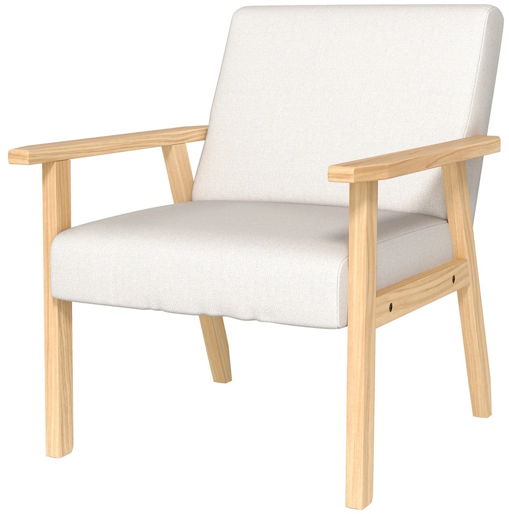 HOMCOM Fotel tapicerowany z podłokietnikami, krzesło do jadalni w wyglądzie lnu, rama z litego drewna, 64 x 70 x 72 cm, kremowy