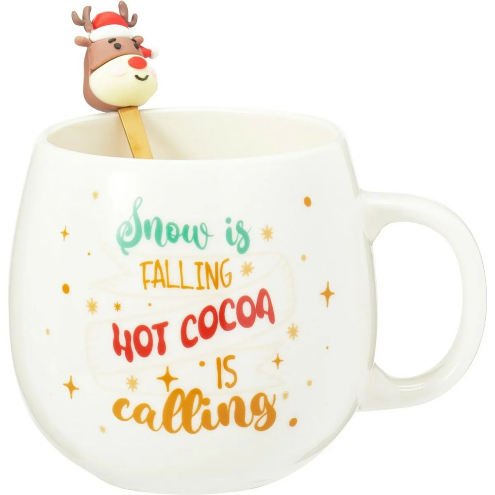 Świąteczny kubek porcelanowy z łyżeczką Renifer, 550 ml