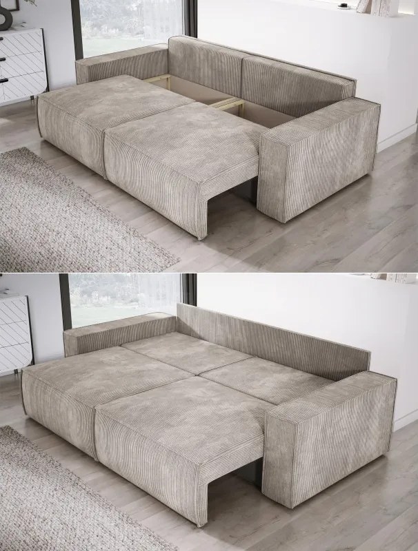 Kanapa KASJO Lewostronny Sofo-Narożnik z funkcją spania i poduszkami, 2x pojemnik POSO 002 Cappucino DOMOHOME