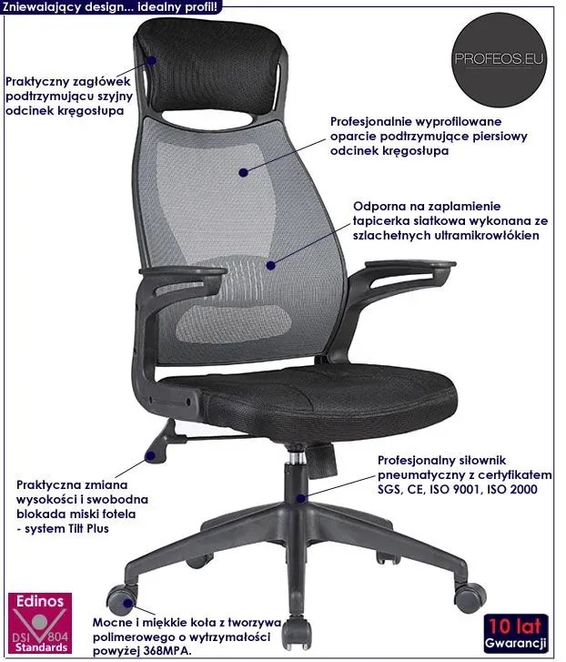 Ergonomiczny fotel obrotowy do biurka popiel + czarny - Parso
