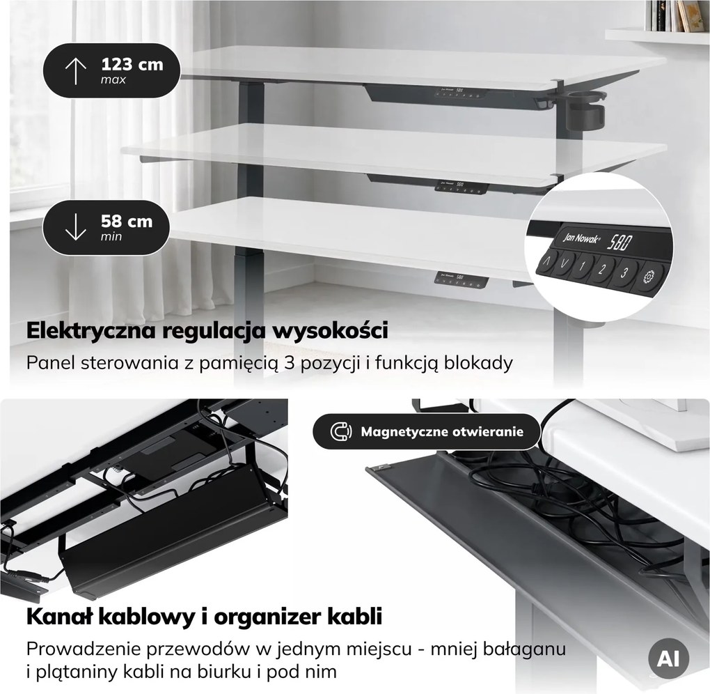 Duże biurko sit-stand do pracy Aria 160×80 cm, blat biały/podstawa antracyt