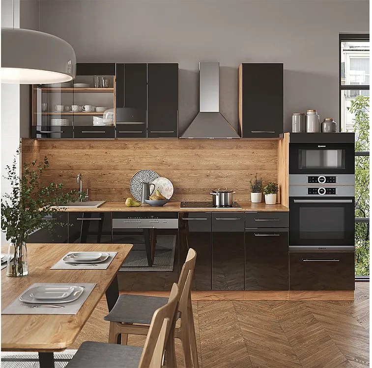 Zabudowa kuchenna antracytowy wysoki połysk/złoty dąb power 300x46x81.6 fame-line