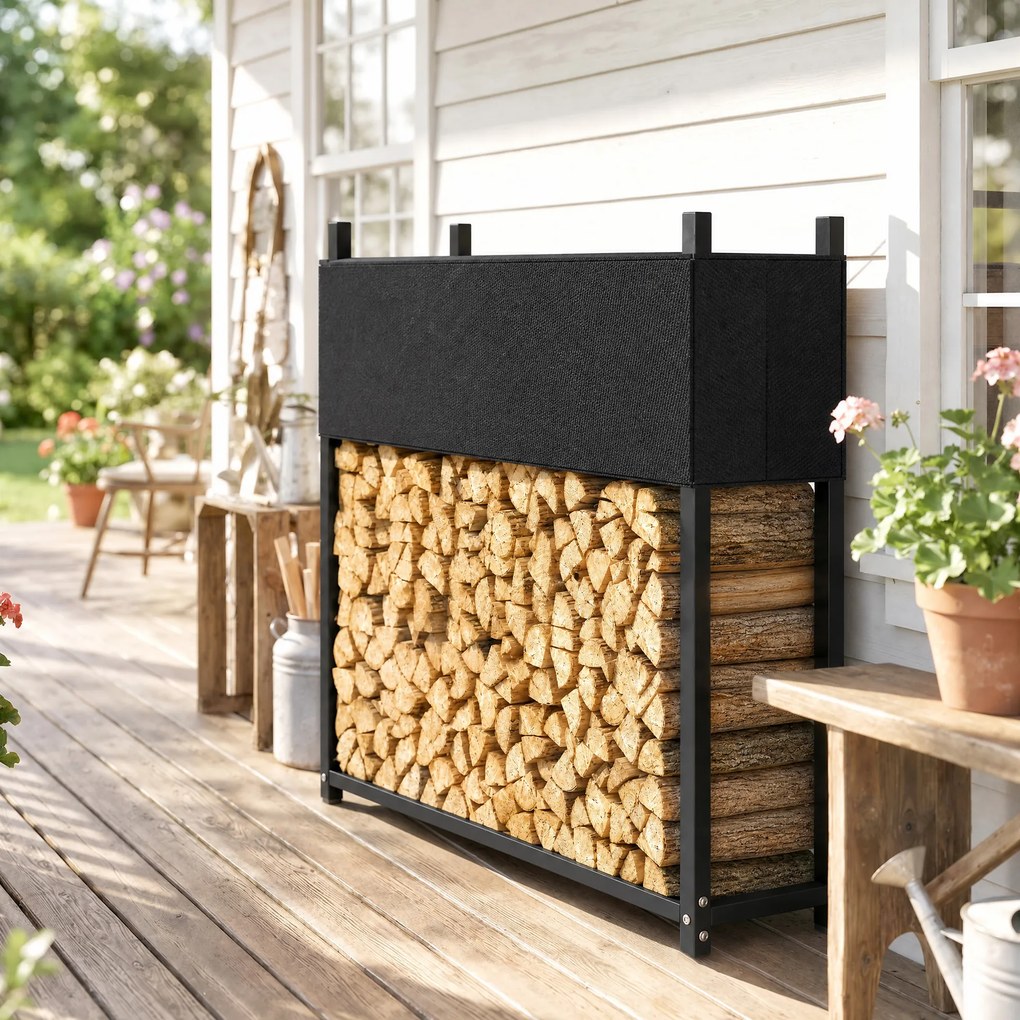 Outsunny Stojak na drewno 106 x 25 x 113 cm regał na drewno z pokrowcem 600D-Oxford rama stalowa do 250 kg Czarny | Aosom PL
