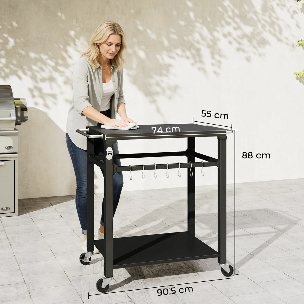 Outsunny Outdoorowy wózek grillowy, Stojak na piec do pizzy z metalową powierzchnią, 2-poziomowa mobilna stacja kuchennych z haczykami i uchwytami, Czarny | Aosom PL