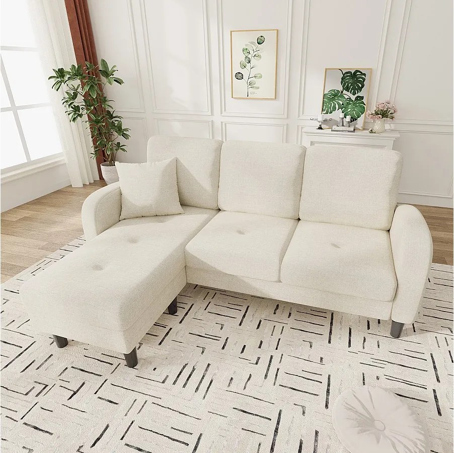 Narożnik 3-osobowy z szezlongiem - 166 x 118 x 77 cm - tkanina welurowa - nóżki plastikowe - jasny beż