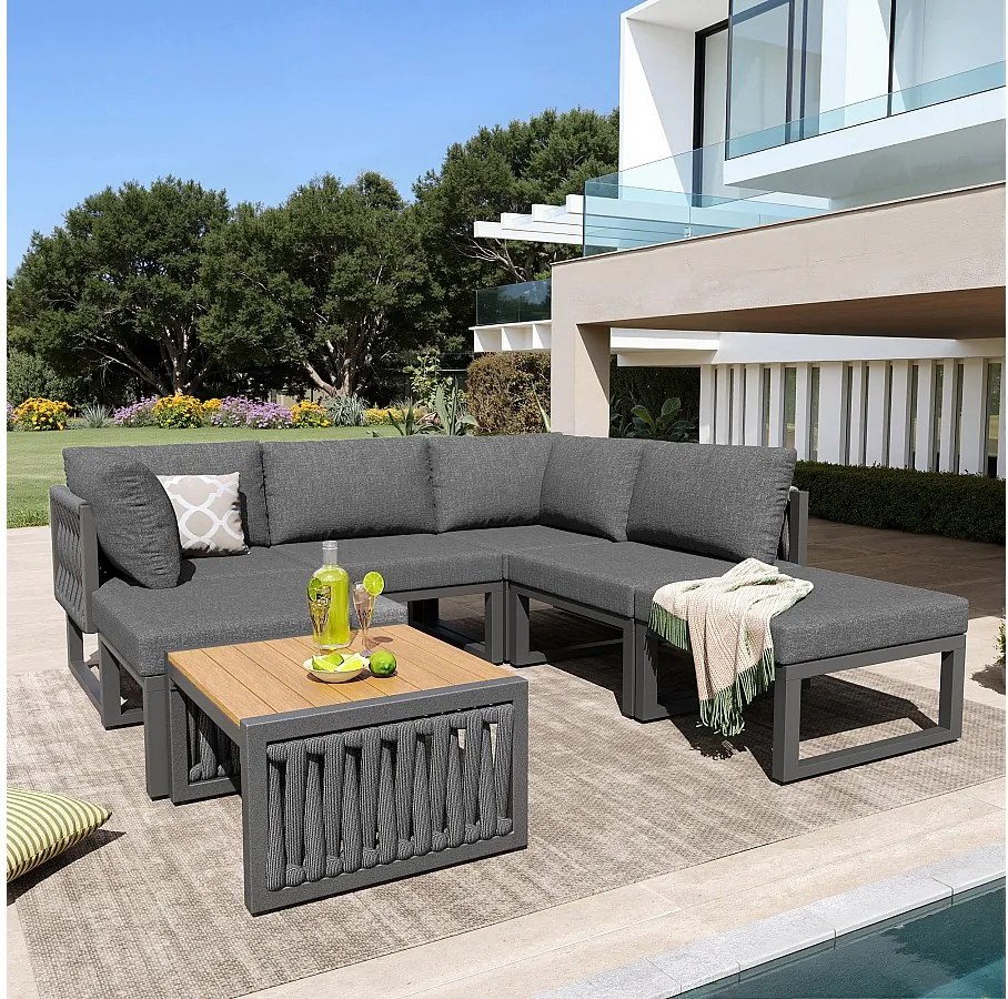 Zestaw mebli ogrodowych z poduszkami na siedzisko i oparcie dla 6 osób - leżanka podwójna - metal - szary