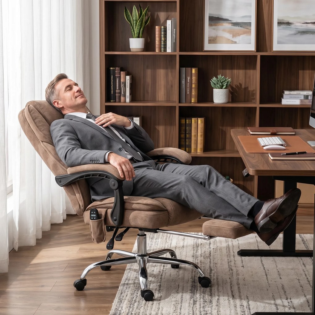 Vinsetto Ergonomiczny fotel biurowy z funkcją masażu, podnóżek, obrotowy, na kółkach, Brązowy | Aosom PL