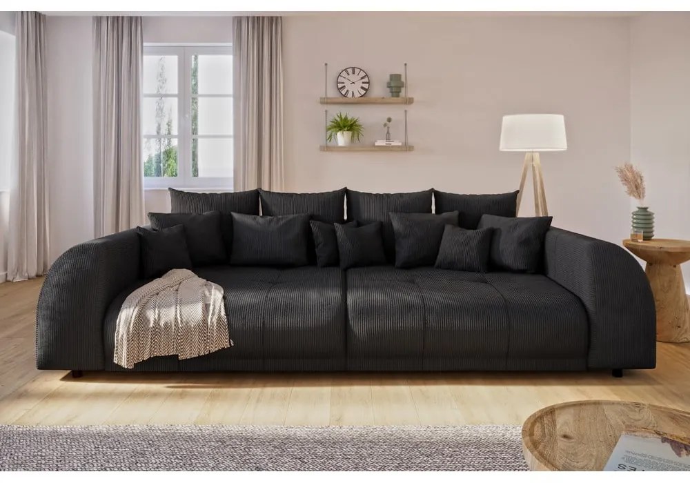 Czarna sztruksowa rozkładana sofa 310 cm Vanessa – Ropez