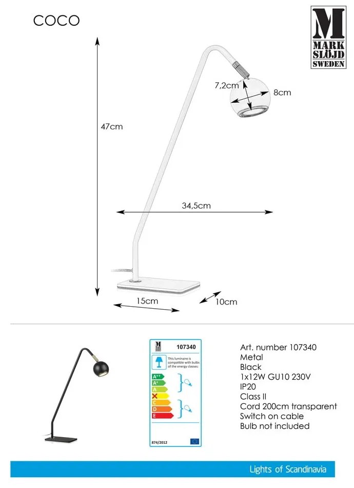 Czarna lampa stołowa Markslöjd Coco, wys. 47 cm