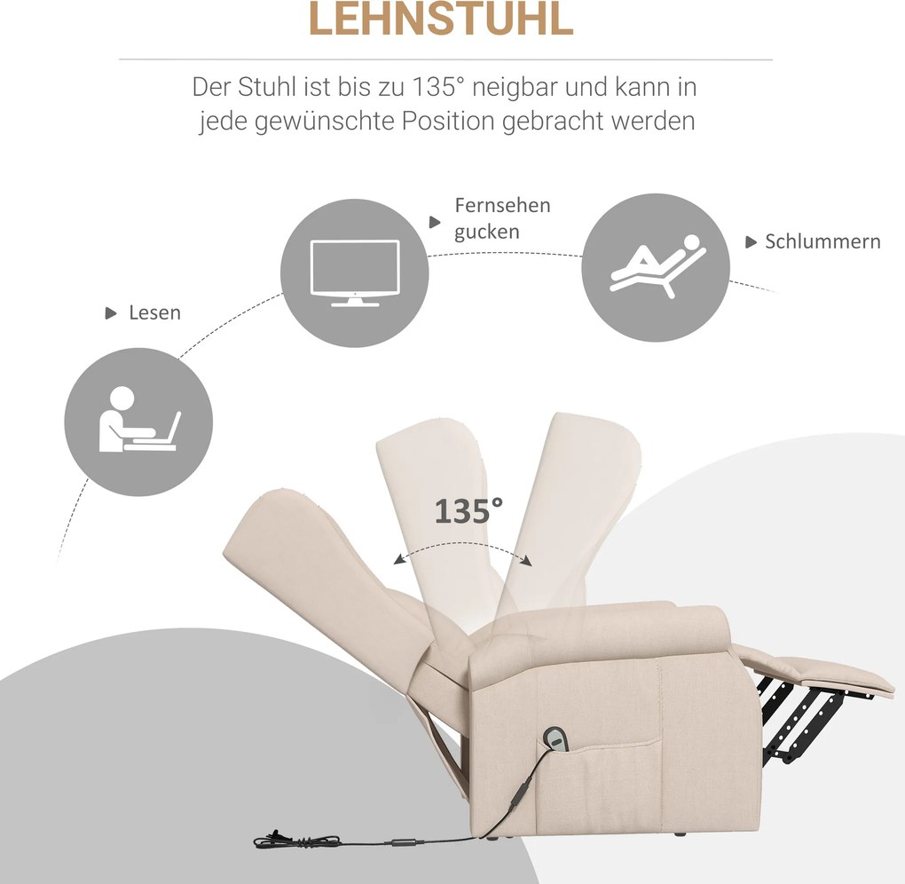 HOMCOM Fotel Relax z funkcją pomocy przy wstawaniu, leżenie, do 200kg, 72,5x94x109cm, kremowy