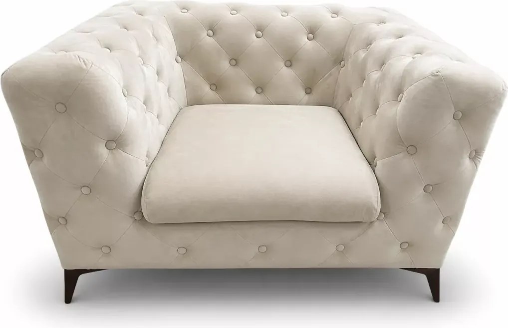 (Wyprzedaż) Fotel Chesterfield Moet pikowany guzikami w kolorze ecru i metalowymi czarnymi nóżkami, ecru welur