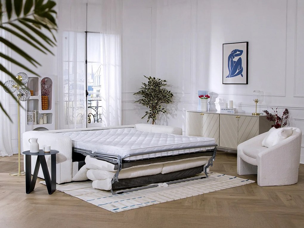 Kanapa 3-osobowa rozkładana typu express z beżowej bukli - Miejsce do spania 140 cm - Materac 13 cm - ISSORO